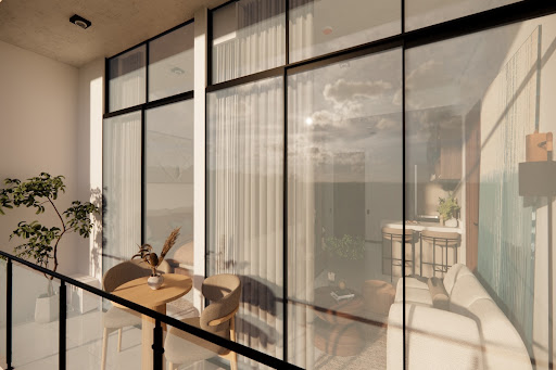 Modern living room with table and sofa in this luxury apartment / penthouse for sale in West Bay ($251,000 - 58 m²)