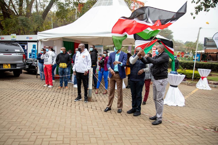 Classic 105 presenter Maina Kageni witnessess the flaging off of the fourth cycle of the Tembea Tujenge Kenya at Shell Lavinghton on August 13, 2021 /NYANGARESI WILFRED