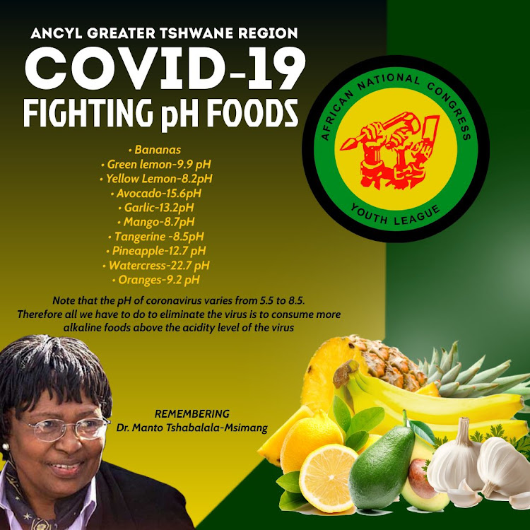 A poster issued by the ANCYL's greater Tshwane region, which was circulating widely on Twitter, claims, falsely, that certain foods and 'steaming' kill the Covid-19 virus.