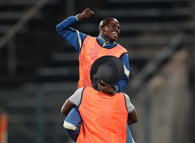 Doondol Stars co-coach Vincent Rammani (in the air) and Khuliso Rashamuse celebrates after beating SuperSport United 2-1 in the Nedbank Cup last 32 at Lucas Moripe Stadium.