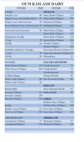 Oum Kailash Dairy menu 