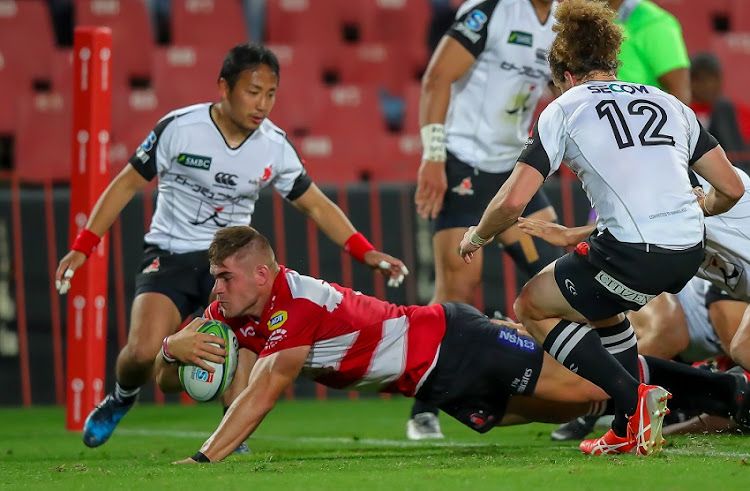 Malcolm Marx of the Emirates Lions scores during the Super Rugby match between Emirates Lions and Sunwolves at Emirates Airline Park on March 17, 2018 in Johannesburg, South Africa.