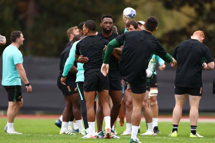 Captain Siya Kolisi with Springboks teammates during their training session ahead of their 2023 Rugby World Cup against England at Stade de France on October 20, 2023 in Paris, France.