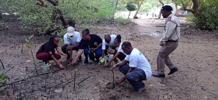 Members of Taita Taveta Wungara Forum at Tudor Beach along the Tudor Creek on Saturday.