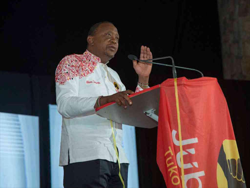 President Uhuru Kenyatta speaks during Jubilee Party's National Delegates Convention at Bomas of Kenya in Nairobi, May 6, 2017. /PSCU