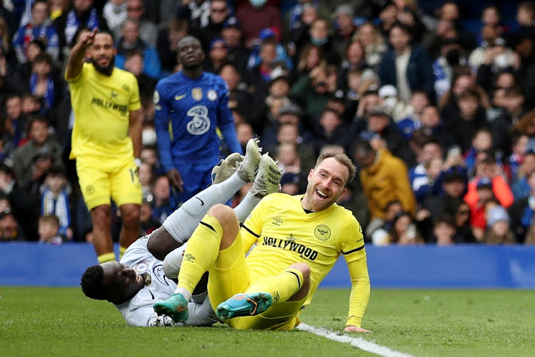 Brentford's Christian Eriksen after scoring their second goal against Chelsea on Saturday.