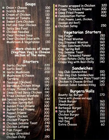 The Bounty Sizzlers menu 