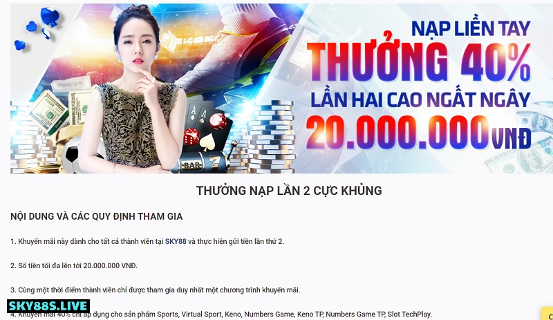 Thưởng nạp lần 2 40% tại Sky88