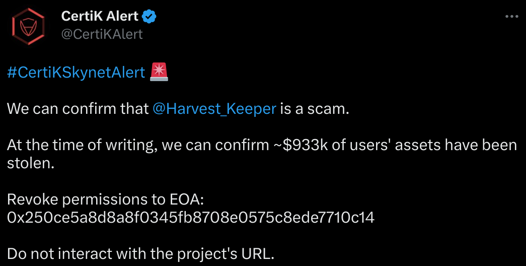 Tweet de CertiK qui met en garde face au projet Harvest Keeper 