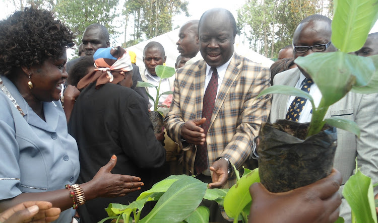 Governor Patrick Khaemba during distribution of crop seedlings to farmers in Trans Nzoia county.