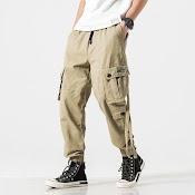 Cargo Pants, Ribbon - Decorated Trousers, Trendy Japanese Casual Pants For Boys, Hip - Hop Multi - Pocket Labeling Casual Trousers, Drawstring Elastic Waist, Ins, Hong Kong Style Loose And Versatile Nine - Point Pants