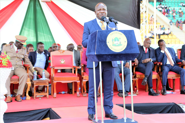 Kakamega Governor Fernandes Barasa delivers his speech during the Madaraka Day celebrations at Bukhungu Stadium on June 1, 2023.