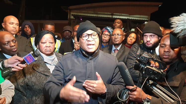 Transport minister Fikile Mbalula speaks about crime and vandalism on Western Cape trains at Chris Hani station in Khayelitsha.