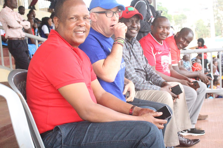 Shabana President Jared Nivaton with Nairobi City Stars chairman Jonathan Jackson and other officials at Gusii Stadium