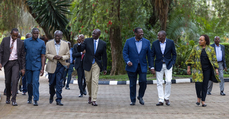 President William Ruto, his deputy Rigathi Gachagua, Prime Cabinet Secretary Musalia Mudavadi,Majority Leader Kimani Ichungw'ah at State Lodge Sagana on August 6, 2023