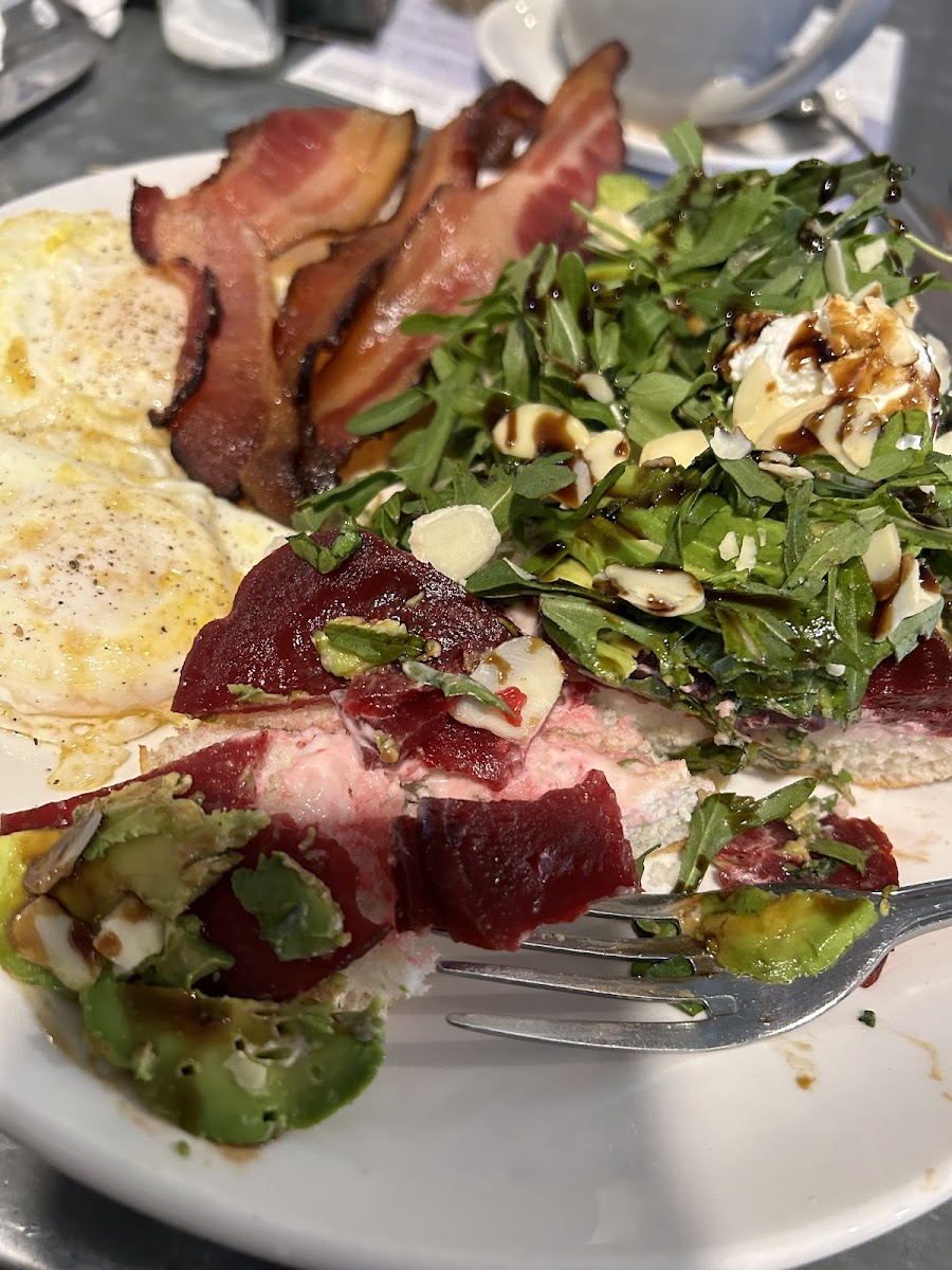 Beet avovado toast on GF bun.