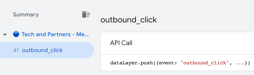 The Google Tag Manager (GTM) preview mode showing an outbound_click data layer event.