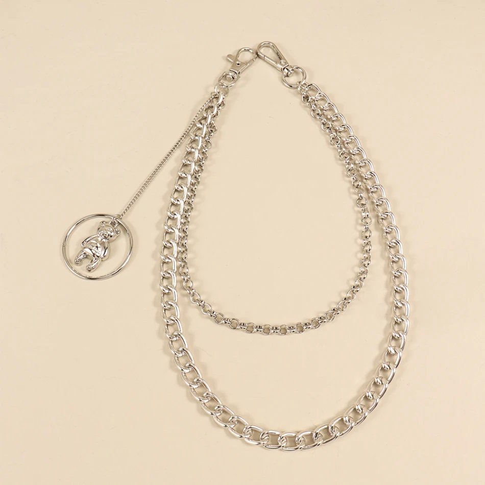 Hot Selling Double Metal Circle Bear Pendant Silver Pants Chain for Men and Women. Trendy Jeans and Overall Decoration.