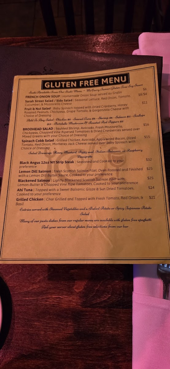 Sarah Street Grill gluten-free menu