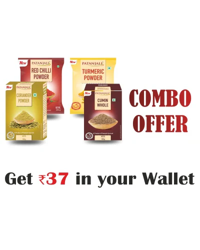 Patanjali Spices Combo- Coriander Powder 100Gm+Red Chilli 200Gm+Turmeric Powder 500 Gm+Cumin Whole 100Gm - Rs 37 Off - 900 gm