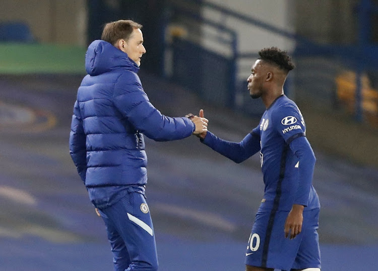 Chelsea manager Thomas Tuchel with Callum Hudson-Odoi after the goalless draw against Brighton at Stamford Bridge, London, on Tuesday