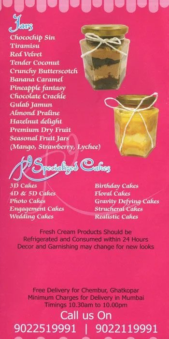 R9 Designer Cake Studio menu 