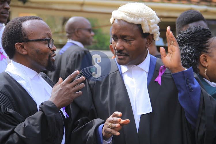 Wiper Party Leader Kalonzo Musyoka having a side chat with Lawyer Ndegwa Njiru at the Supreme Court of Kenya, Nairobi on January 12, 2024.