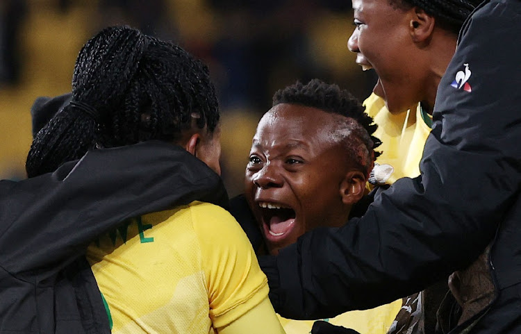 Thembi Kgatlana celebrates scoring Banyana Banyana's winning third goal in their Women’s World Cup group G win against Italy at Wellington Regional Stadium, New Zealand on August 2 2023.