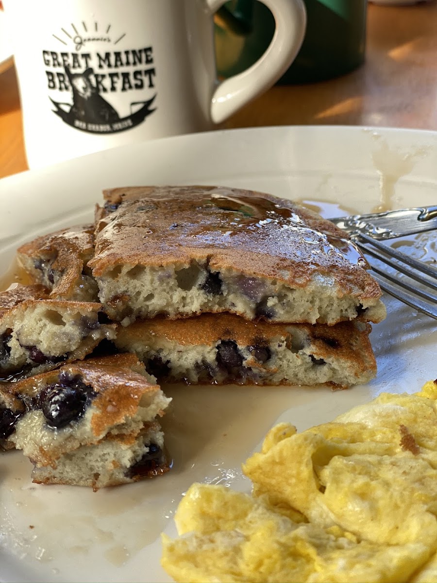 Order a side of one blueberry pancake, egg and bacon.