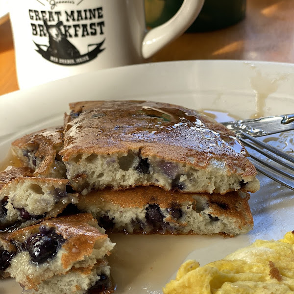 Order a side of one blueberry pancake, egg and bacon.