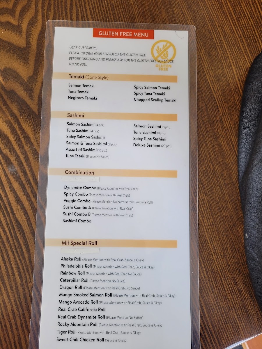 GF menu. Note that there is an additional charge of $4 for real crab.