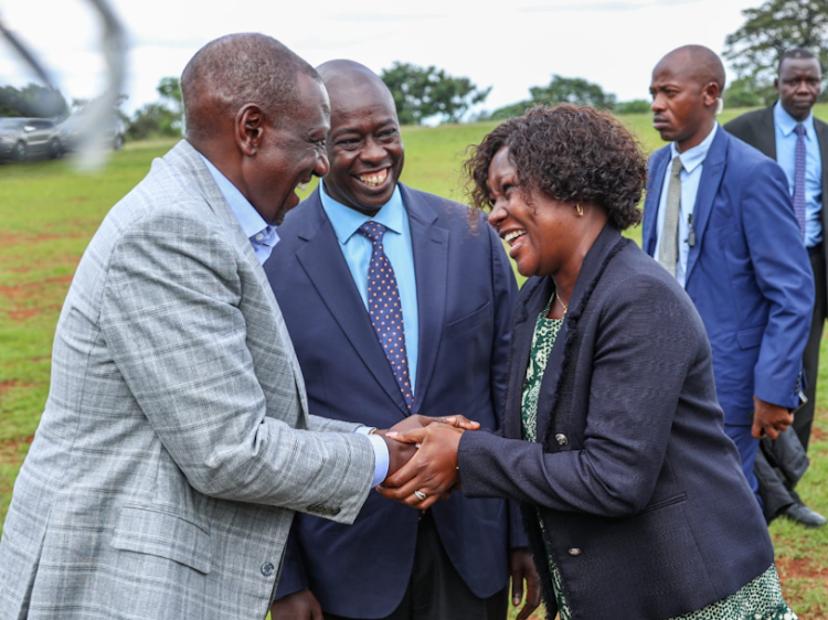 President William Ruto, DP Rigathi Gachagua and Embu Governor Cecily Mbarire at SMEs, Cooperatives and Revenue Expo, Embu University.