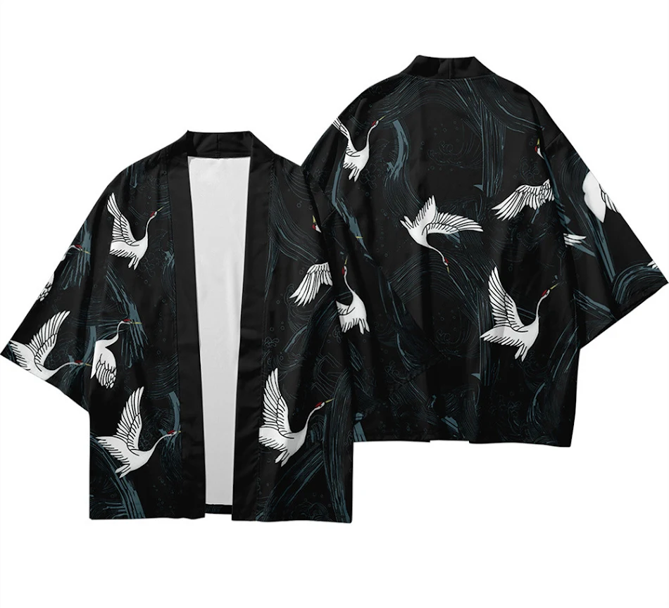 Summer Feathered Kimono 3D Crane With Creative Digital Print 7 Cent Shirt Robe Cardigan Loose Men