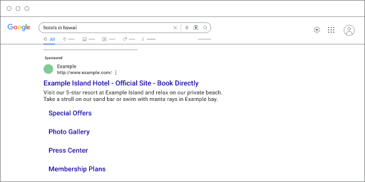 An example of a Google Search ad for "hotels in Hawaii" on a desktop screen.