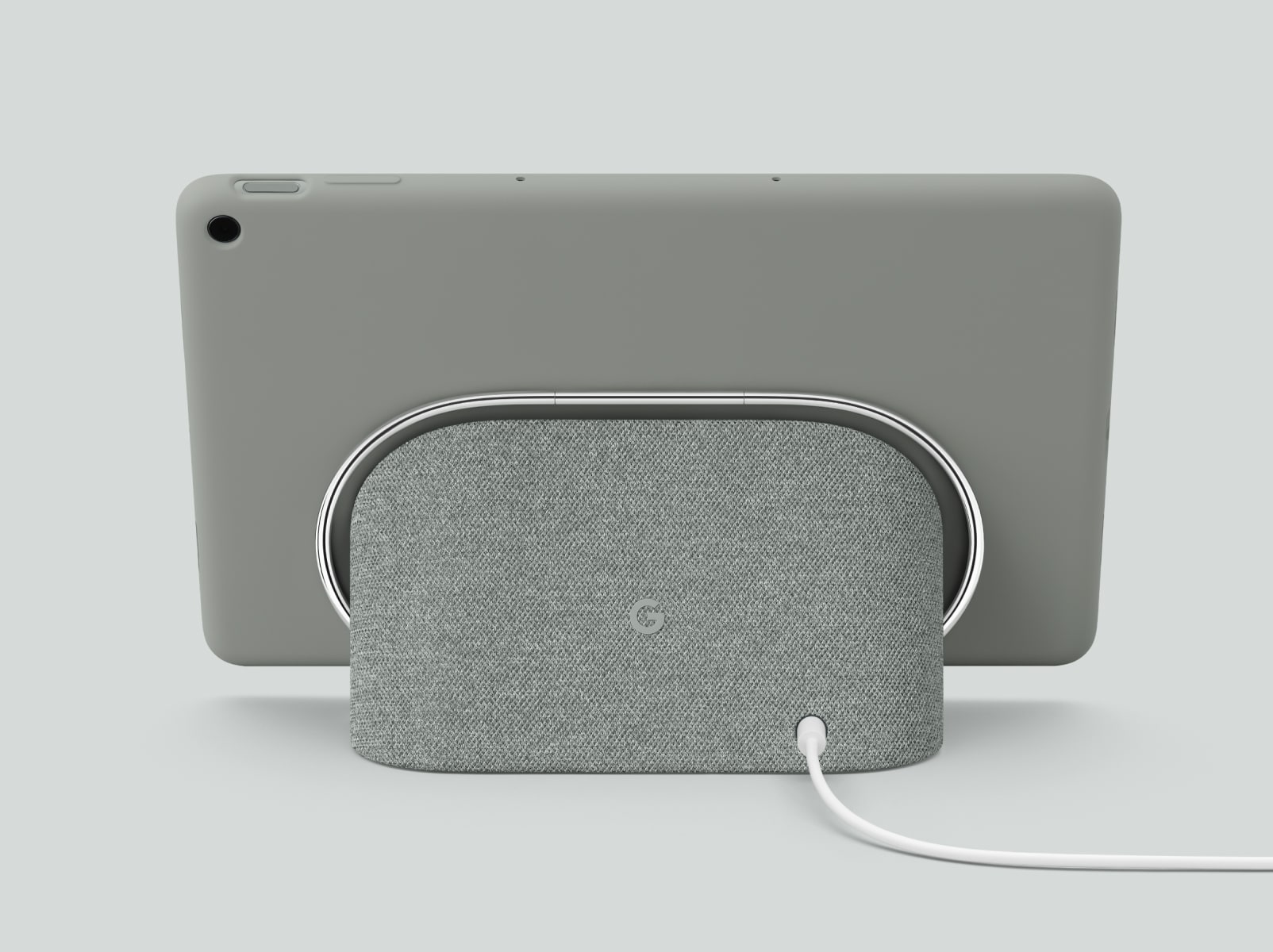 Rear view of the case on the Pixel Tablet attached to the Charging Speaker Dock.