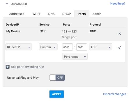 Set up port forwarding in Google Fiber account