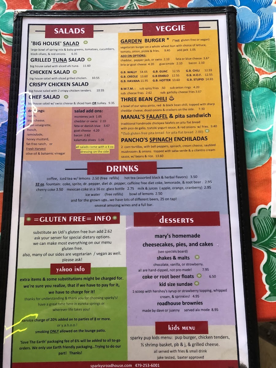 Sparky's Roadhouse Cafe gluten-free menu