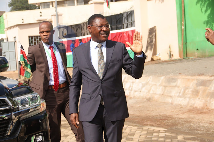 National Assembly Speaker Moses Wetang'ula arriving at the Moi Stadium in Embu as Madaraka day celebrations kicks off on June 1, 2023