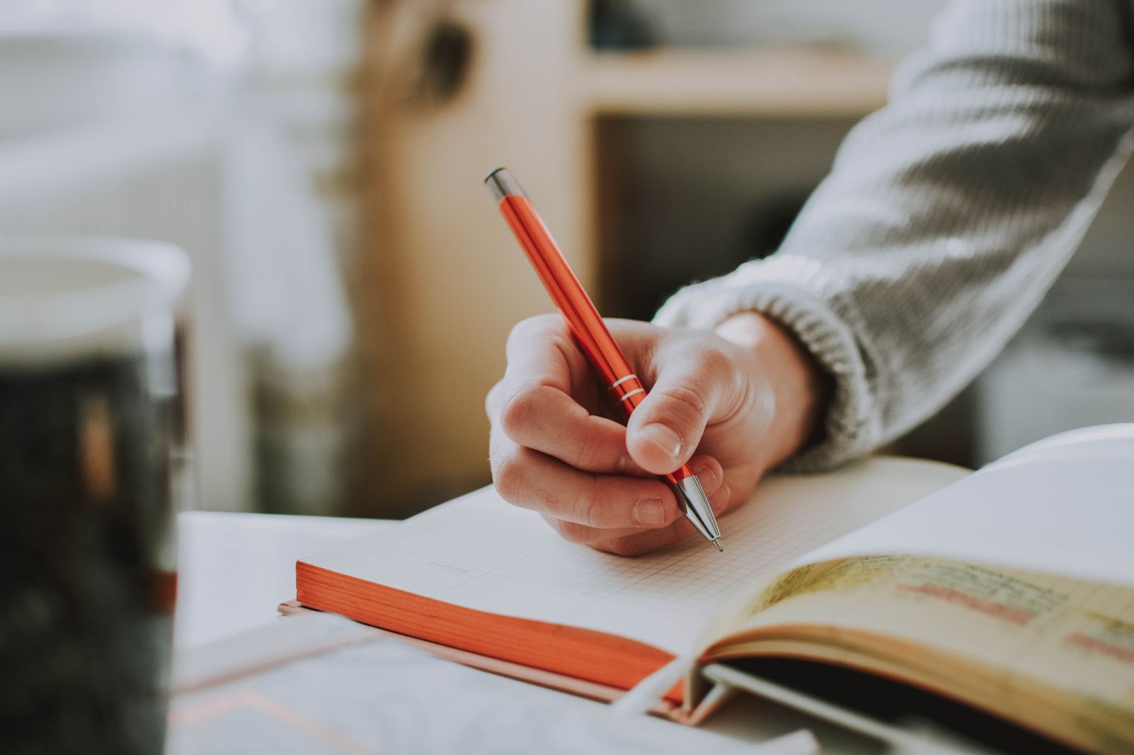 A person whose hands are visible is holding a redish orange pen above an open, blank journal. The background is blurry. 