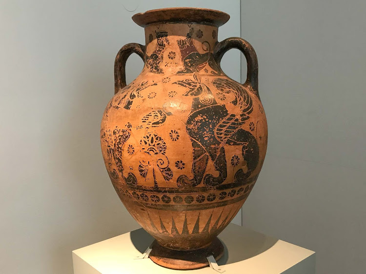   A clay vessel showing two griffins dates to 600-625 B.C. at the Altes Museum of Berlin.