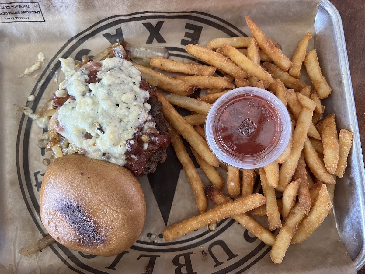 Blue Cheese Burger; fries are in shared frier, can sub for potato salad