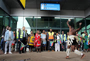 KwaZulu-Natal MEC for economic development, tourism & environmental affairs Siboniso Duma, Eswatini minister of tourism & environmental affairs Moses  Vilakati, Eswatini Air board chair Nelson Mazibuko, celebrating the arrival of the first flight between Eswatini and Durban, were welcomed by Indlondlo Traditional Music group at King Shaka International Airport after launching the route on Friday.