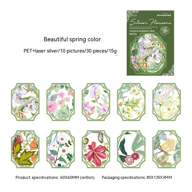 Adesivi decorativi fai da te Serie Silver Bouquet per abbellire diari e creazioni floreali, un tocco elegante per i tuoi progetti.