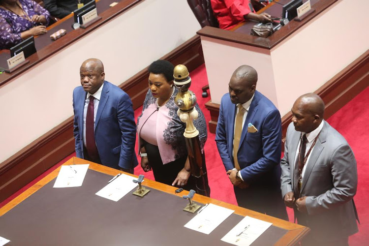 From left, Sihle Zikalala, Nomusa Dube-Ncube, Mluleki Ndobe and James Nxumalo are sworn in as members of the KZN legislature. Picture: JACKIE CLAUSEN