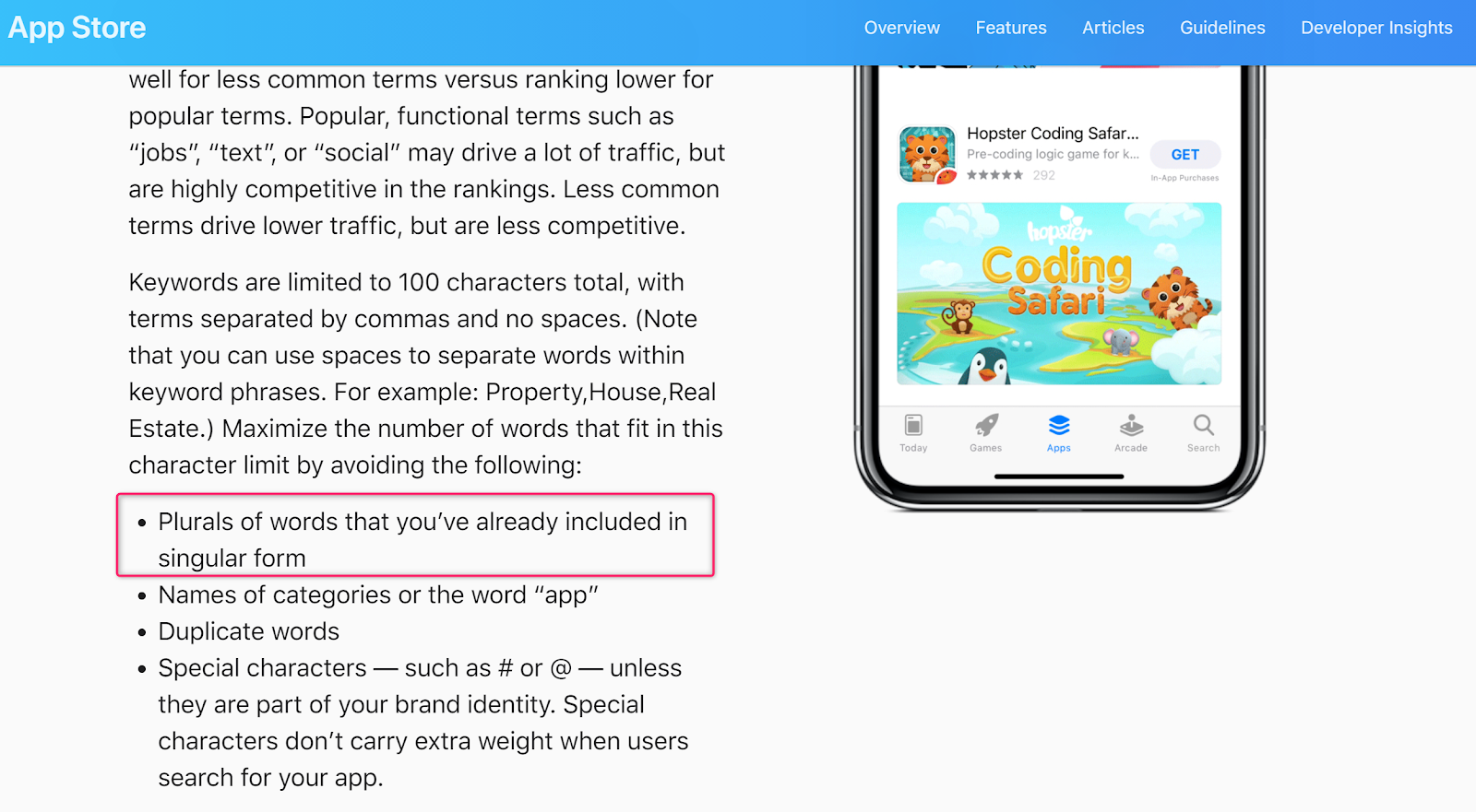 Recommendation of Apple App Store for singular and plural keywords