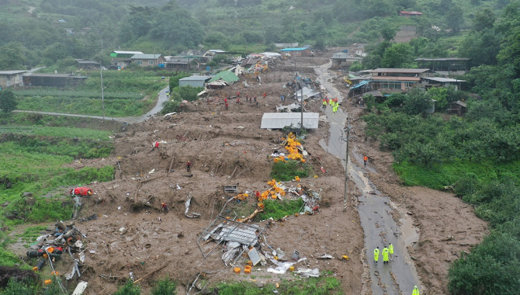 A landslide caused by recent torrential rain in Yecheon, South Korea.