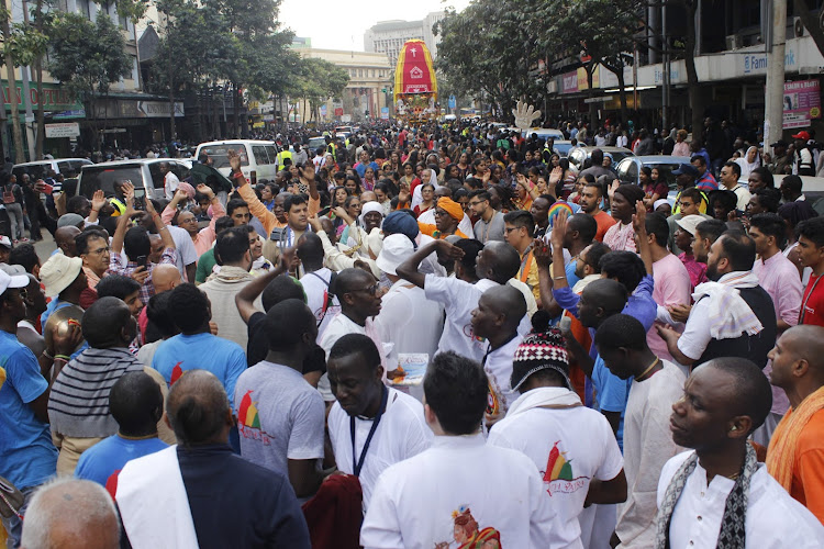 Multitudes of Hare Krishna followers along Moi Avenue.