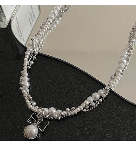 Title 6, Bow Stitching Pearl Double Layer Winding Neckla...
