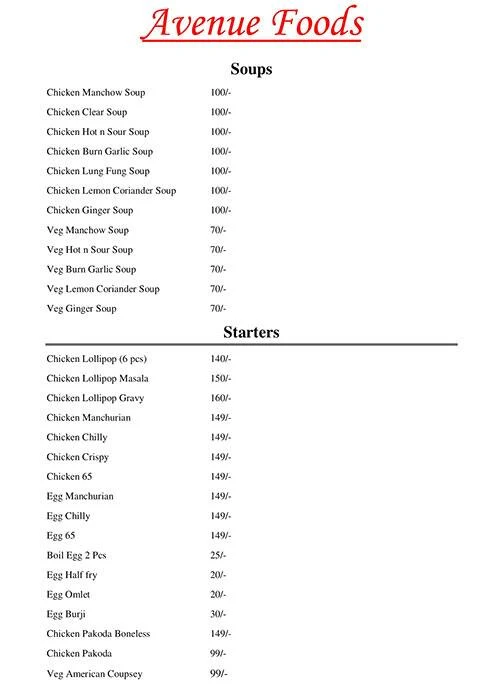 Avenue Foods menu 