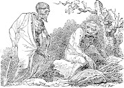 An illustration for 'The Old Man and Death', from an early 19th-century edition of 'Aesop's Fables', a source for the saying, 'Be careful what you wish for'.